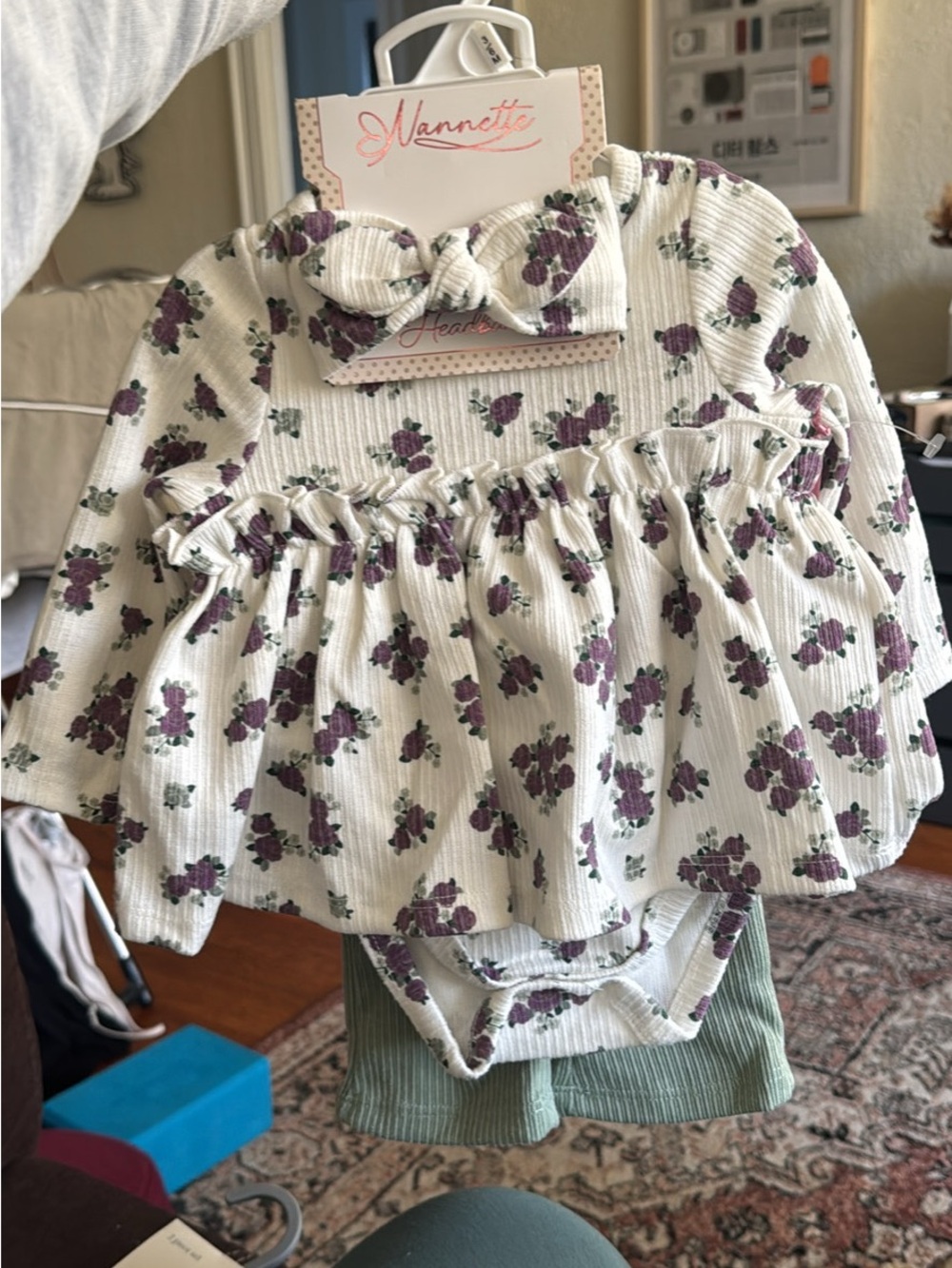 Nannette Cream Dress Set with Purple Floral Print and Green Shorts